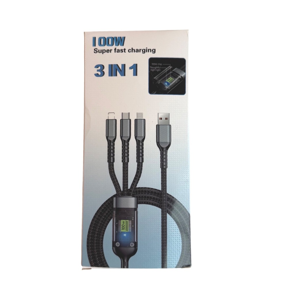 100W 3 in 1 Super Fast Charging Cable USB to Type-C Lightning Micro USB Braided